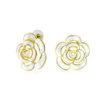 14K Gold Plated 3D White Rose Flower Stud Earrings