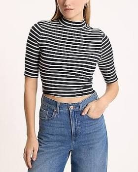 Express Women's Striped Ribbed Mock Neck Elbow Sleeve T-Shirt