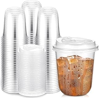 Baderke 100 Sets 12 oz Clear Plastic Cups with Lids,Sturdy Iced Coffee Cups with lids, Disposable Plastic Smoothie Cup for Cold Drinks