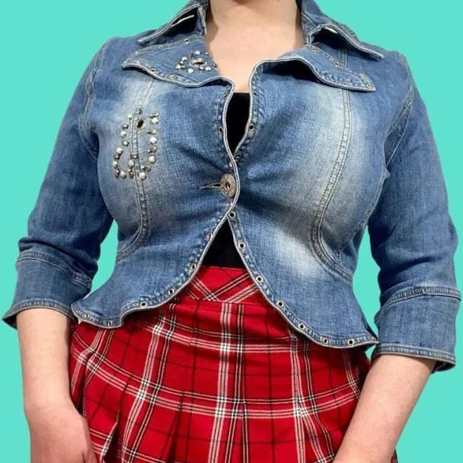 Y2K Cropped Denim Blazer with Diamanté Stud