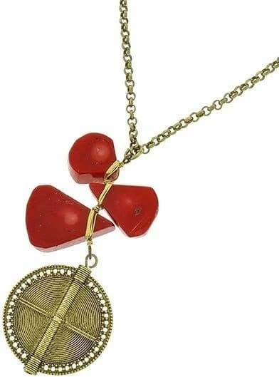 Burnished Gold Tone Red Stone Pendant Necklace