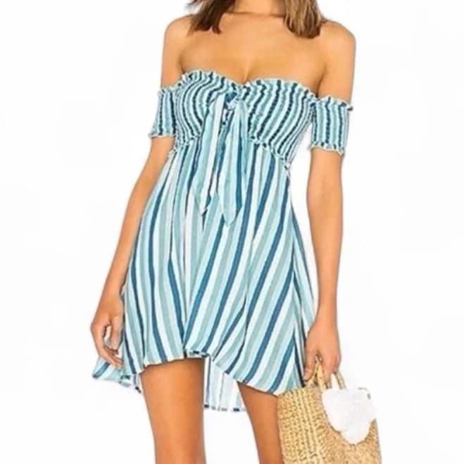 Lovers + Friends Off-shoulder Smocked Stripe Mini Dress Blue White