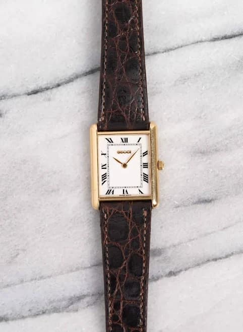 Vintage Gucci Tank 18k Yellow Quartz 80s White Roman Numeral Dial