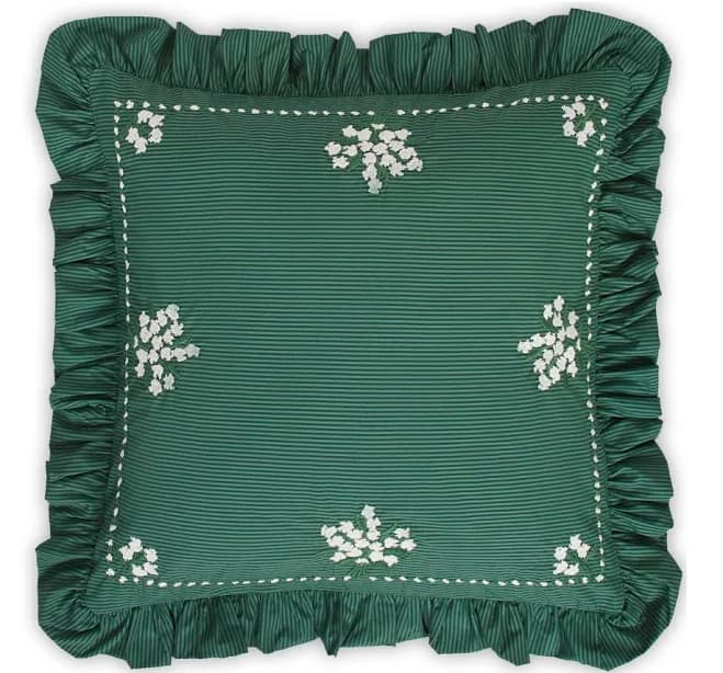 Lily Embroidered Ruffled Pillow Dark Green Stripe / Cover Only