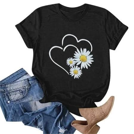Fartey Women's Loose Crewneck Short Sleeve Floral Heart Print T-Shirt