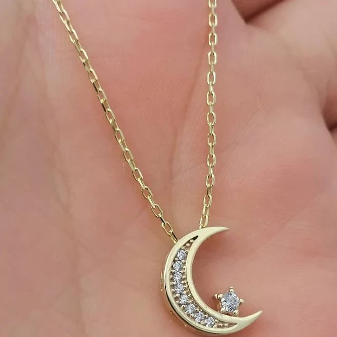 14K Gold Moon Star Dainty Crescent Pendant Necklace