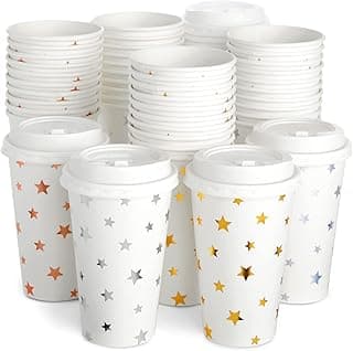 Disposable Coffee Cups with Lids - 16 Oz, 48-Pack, White Foil Stars - Paper Cups for Hot Drinks & Coffee to Go