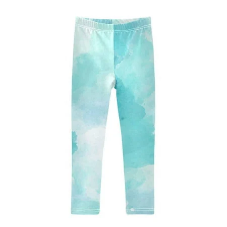vzayy Girl's Legging Full-Length Colorful Print Tights For Dance Gym Everyday Wear Light Blue and White Color, Size: 4T