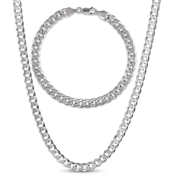 KAY Men's Sterling Silver Diamond-Cut Flat Curb Chain Necklace & Bracelet Gift Set