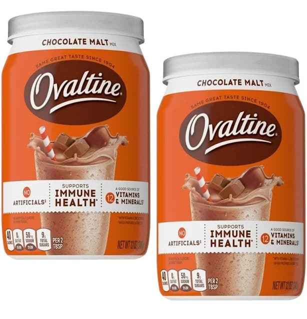 Ovaltine Chocolate Malt Powder Drink Mix 12oz 2 Can Hot & Cold Milk Immune Health | No Artificial Flavoring | United States