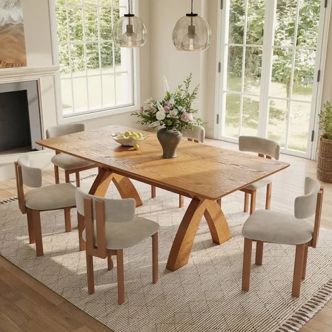 Mid-Century Trestle Wooden Dining Table Bold Curved X-Base