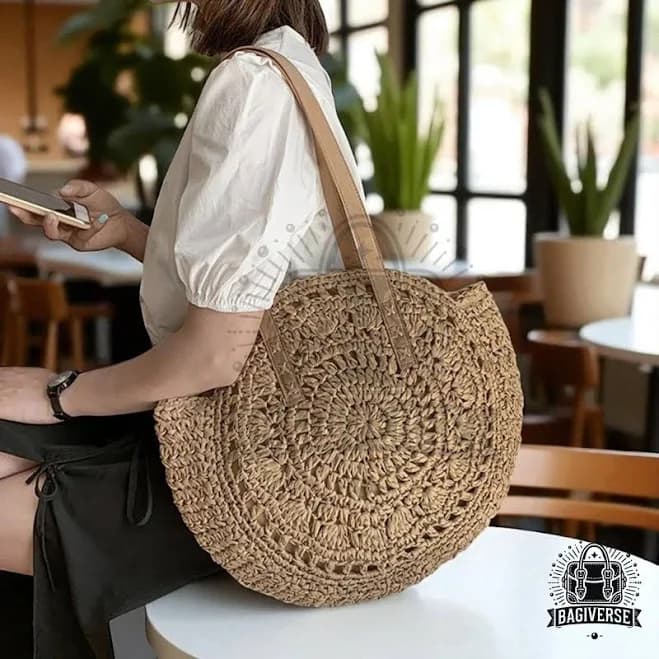 Women's Boho Handmade Woven Straw Tote Bag with Leather Handles