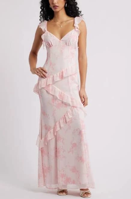 BP. Asymmetric Ruffle Tiered Maxi Dress in Pink- Pink Daria Floral at Nordstrom, Size Small