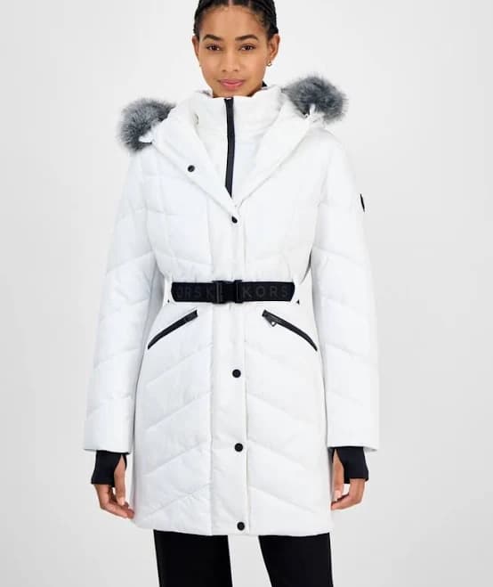 Michael Michael Kors Women's Michael Faux-Fur Trim Hooded Belted Puffer Coat