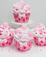 Pastel Pink Strawberry Cupcake Faux Food Decor Glitter Fake Bake 3 1/2 Inch