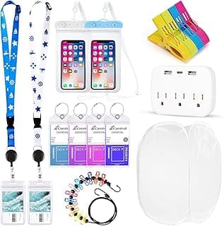 15 PCS Cruise Ship Essential Includes Cruise Luggage Tags, Cruise Lanyard, Waterproof Phone Bags, Travel Clothesline, Pop Up Hamper, Towel Clips, Power Strip for Carnival Essentials Kit