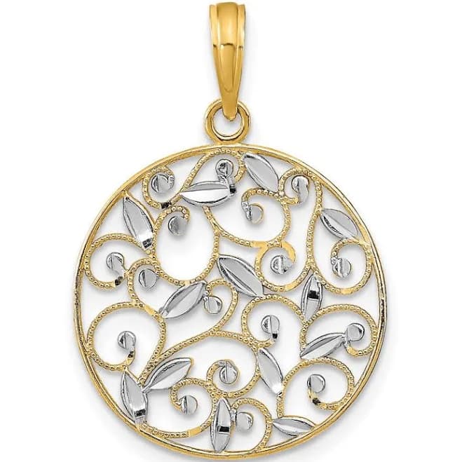 14K Yellow Gold White Rhodium Diamond-Cut Filigree