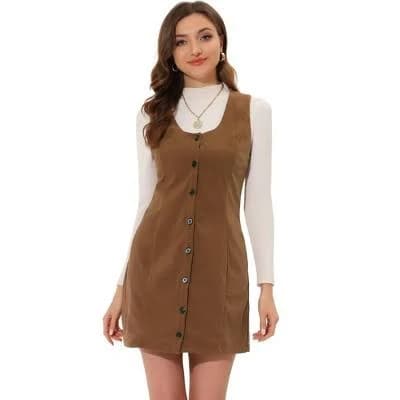 Inspire Chic Women's Corduroy Button Down Pinafore Dress with Pockets