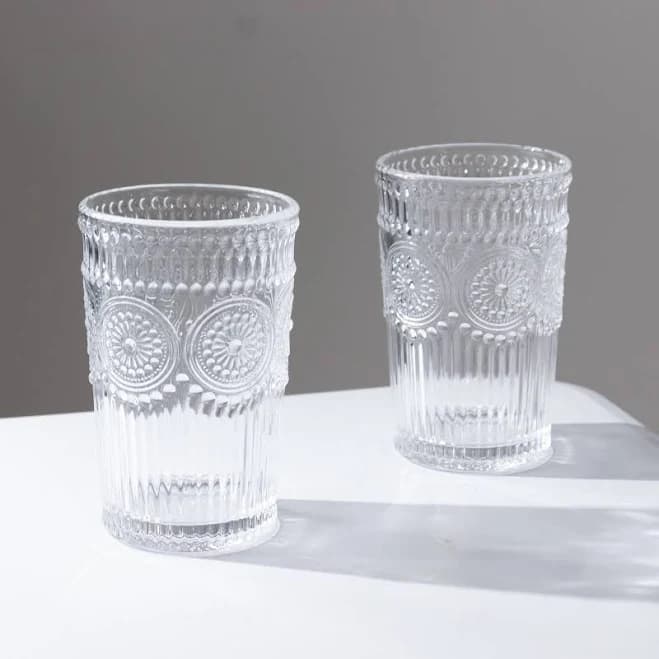 6 Pack Vintage Embossed Glass Tumblers – 13Oz Clear Drinking Glasses Textured Floral Pattern For Water, Juice & Cocktails
