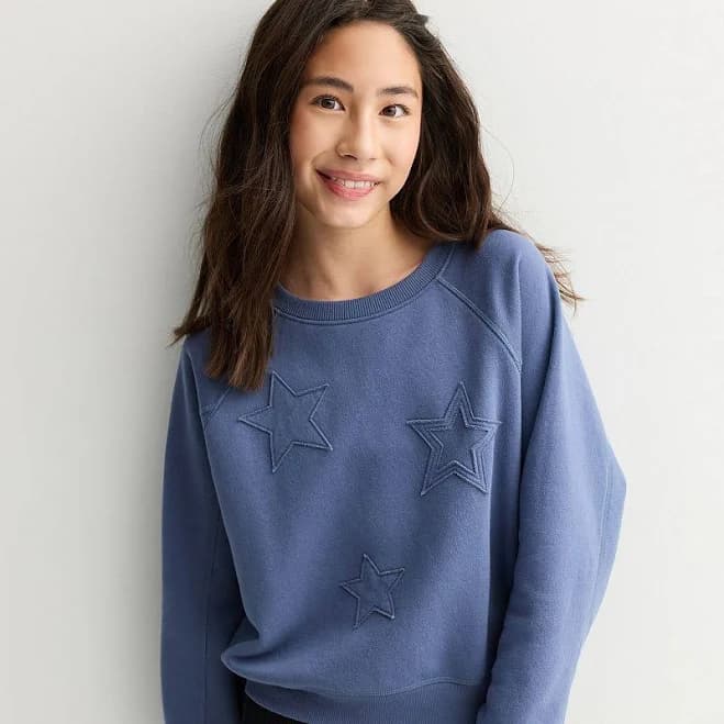 Girls 6-20 SO Ribbed Trim Sweatshirt in Regular & Plus Size, Girl's, Size: Small(6/7), Star Applique Blue