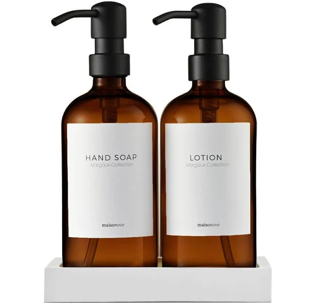 Adrinfly 2-Pieces Glass Hand Soap and Lotion Dispenser with Hand Made Concrete Tray