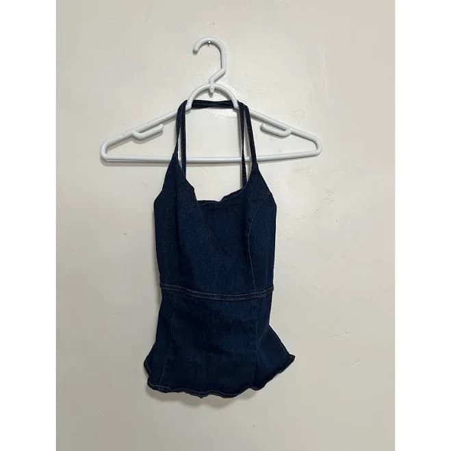Bebe Tops | Vtg Bebe Dark Wash Denim Halter Peplum Top Back Tie Low Back Size 4 | Color: Blue | Size: 6 | Vanessafinds's Closet