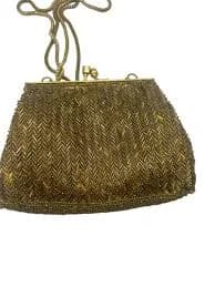 Vintage Gold Beaded Purse Small Formal Handbag Metal Chain Strap Kiss Lock