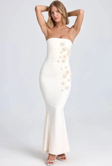 Oh Polly Draped Floral- Appliqué Maxi Dress