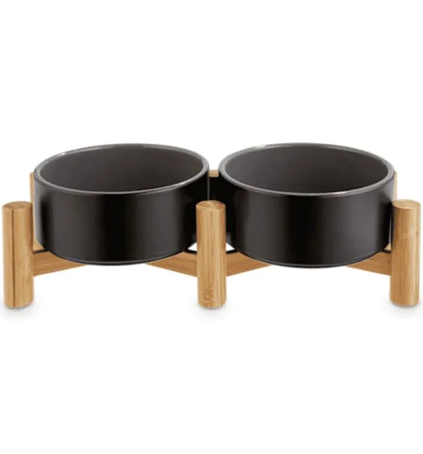 Reddy Black Ceramic & Bamboo Elevated Double Diner Pet Bowl, 3.5 Cups