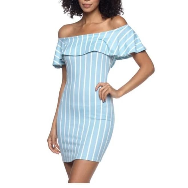 Women's Mini Dress Off Shoulder Blue & White Stripes Medium Dress