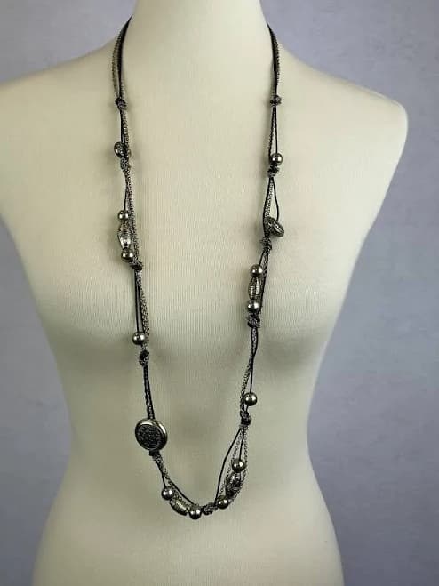 Black And Silver Beaded Layered Necklace Long Beads Chains