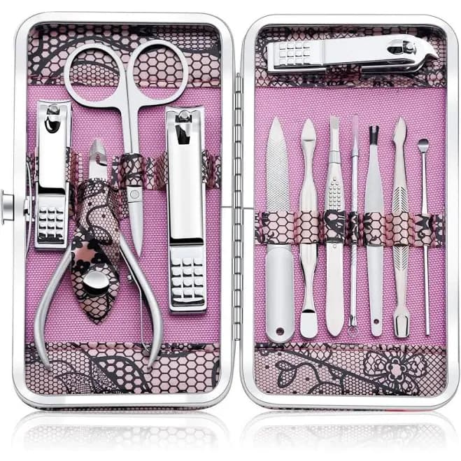 Manicure Set Professional Nail Clippers Kit Pedicure Care Tools- Stainless Steel Grooming Kit 12Pcs for Travel or Home (Pink)