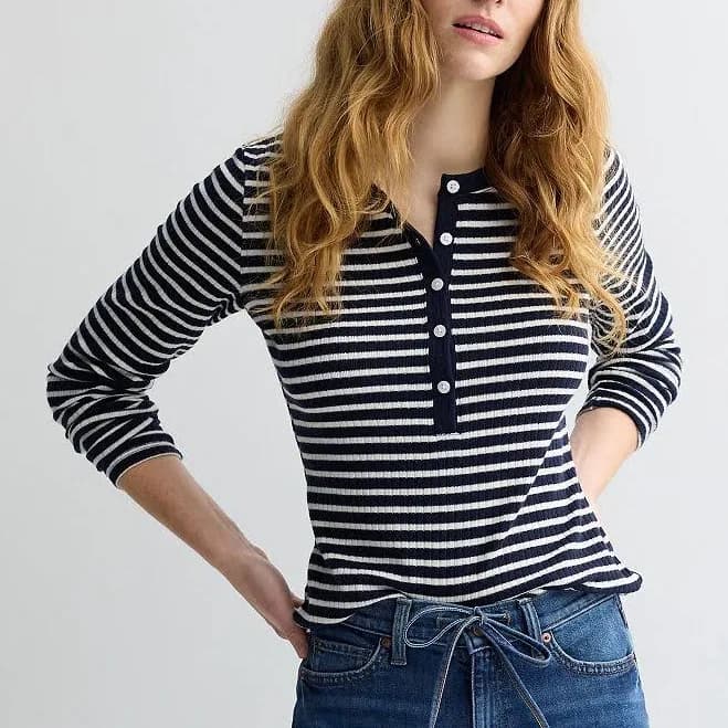 Women's Sonoma Goods For Life Long Sleeve Henley Top, Size: Large, Navy Everyday Stripe