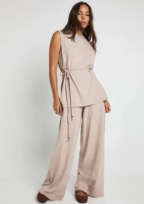 Boohoo Women's Brushed Tunic Tie Belt Top and Wide Leg Trouser