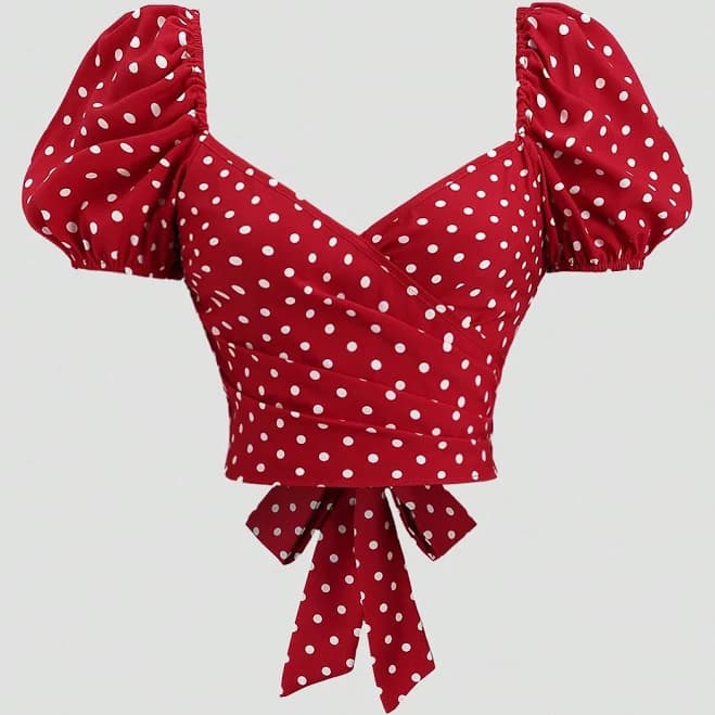 Sweetra French Style Polka Dot Puff Sleeve Bowknot Blouse