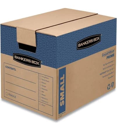 Bankers Box SmoothMove Prime Moving/Storage Boxes, Hinged Lid, Regular Slotted Container, Small, 12" x 16" x 12", Brown/Blue, 10/Carton