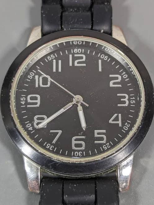 Black Dial Round Silver Tone Case Black Silicone Band Watch