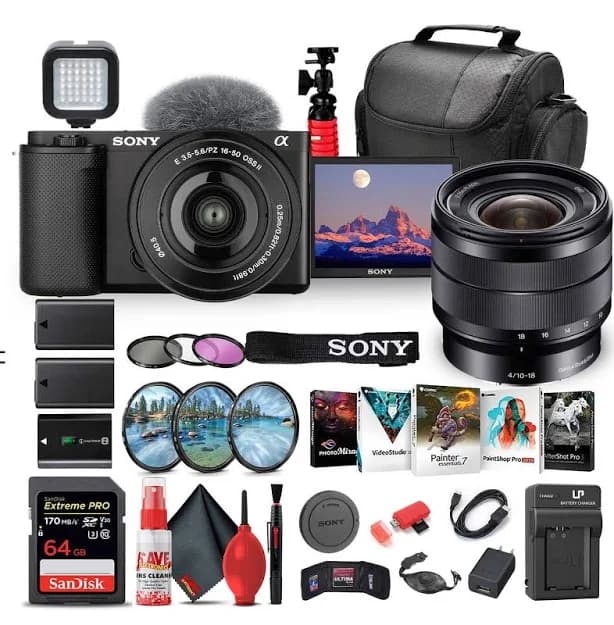 ZV-E10 Camera W/ 16-50mm II Lens (Black) + Sony E 10-18mm Lens + 64GB + More (International Model)
