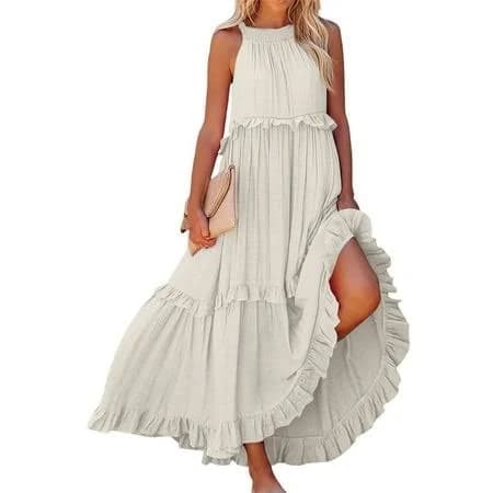 Women's Sleeveless Halter Neck Flowy Ruffle Maxi Sundress