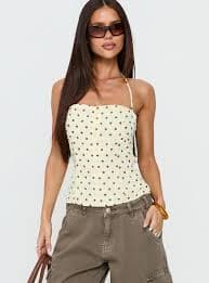 Bon Bon Tie Neck Top Yellow / Brown Polka | Princess Polly