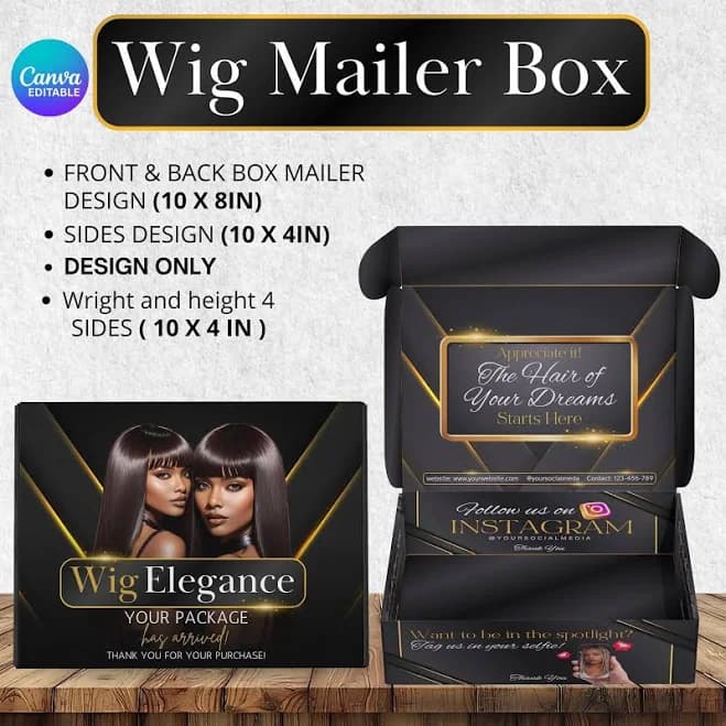 Wig Mailer Box Design, Premade Custom Box Design, Lace Front Box Packaging Design, Wig Box, Beauty Business, Wig Mailer Box Design, Hair Box