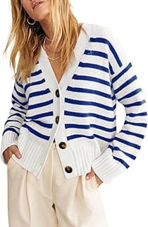 Womens Striped Cardigan Sweaters V Neck Button Down Long Sleeve Open Front Ribbed Knit Outerwear