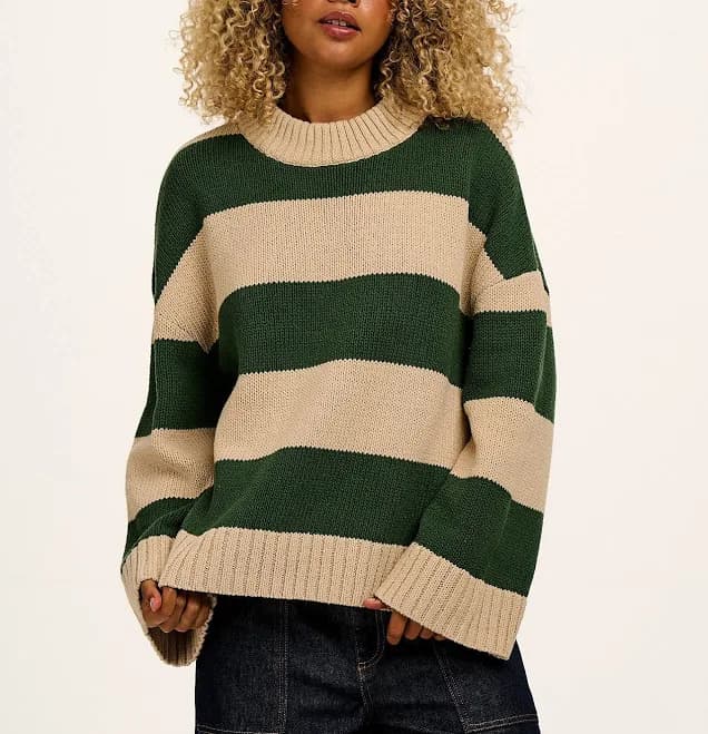 Amari, Oversized Knitted Jumper In Green Stripe, Size: Large (UK 16-18), 100% Organic Cotton | Lucy & Yak