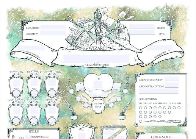Fillable D&D 5E - Wizard - Character Sheets