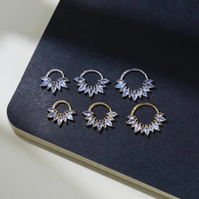 Labradorite Cluster Hinged Clicker Delicate Labradorite Nose Ring Seamless Gemstone Cartilage Daith Earring Silver Septum Ring Gift for Her