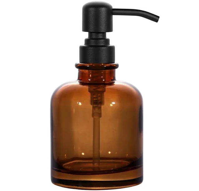 Thick Amber Glass Jar Soap Dispenser with Matte Black Stainless Steel Pump