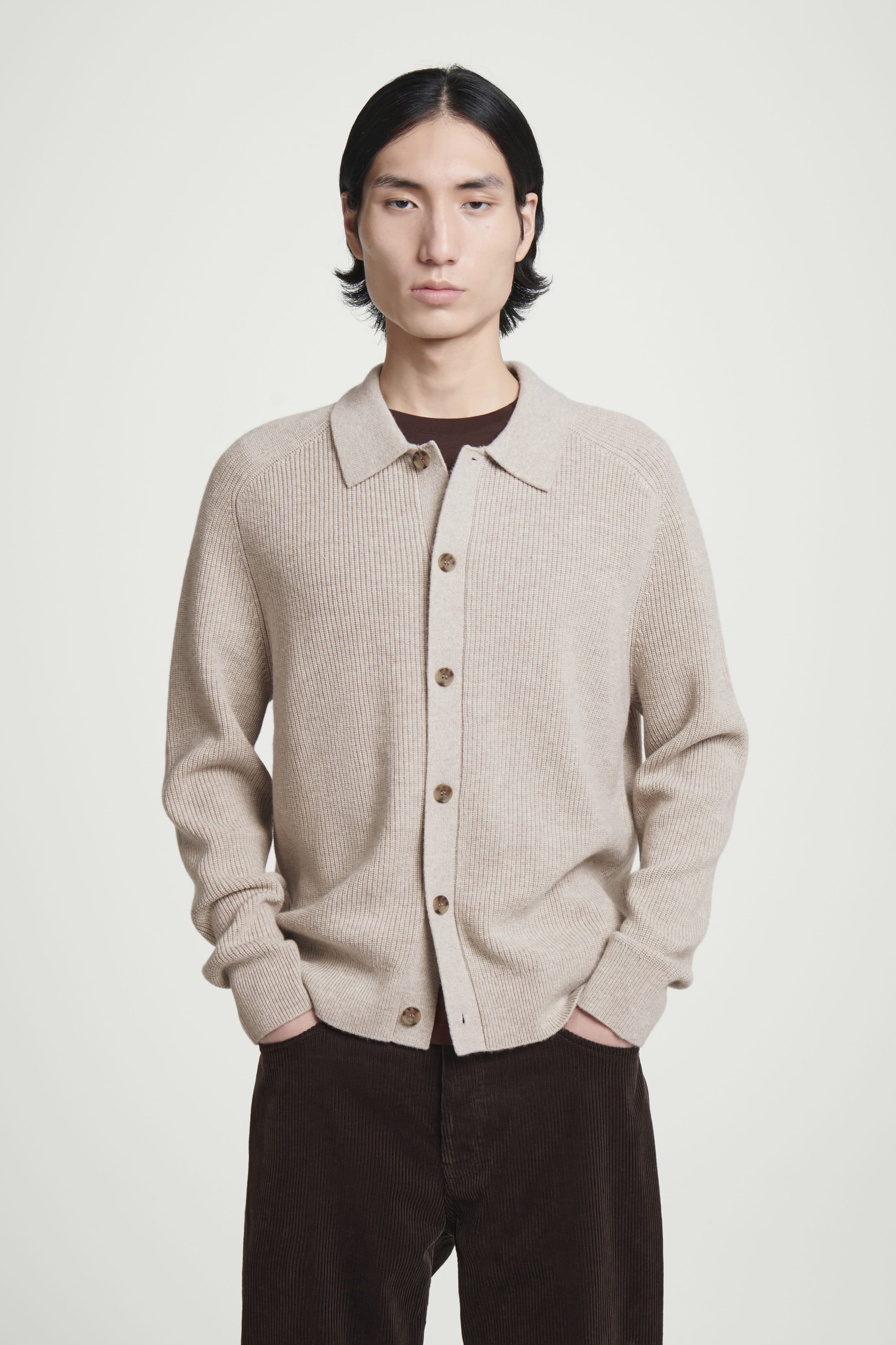 COLLARED RIBBED WOOL-CASHMERE CARDIGAN - LIGHT BEIGE