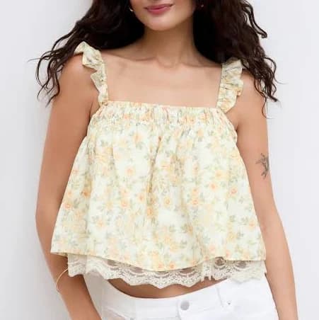 Women's Cotton Square Neck Cami Top with Floral Ruffle Lace Hem