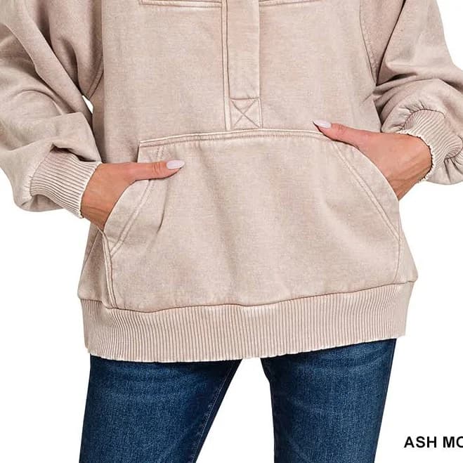 Acid Wash Fleece 1/4 Zip Kangaroo Hoodie
