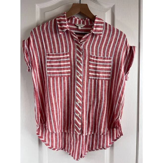 Lucky Brand Women's Red White Blue Stripe Button Up Shirt Open Back